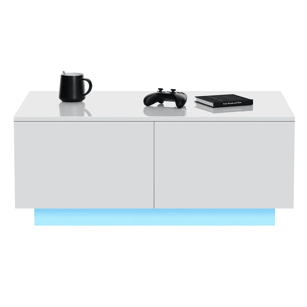 Hommpa Rectangular Coffee Table with LED Lights Tea Tables with 4 Drawers High Gloss Modern Living Room Furniture White Finish Sofa Side Table 37.4 x 23.6 x 15.4 Inches