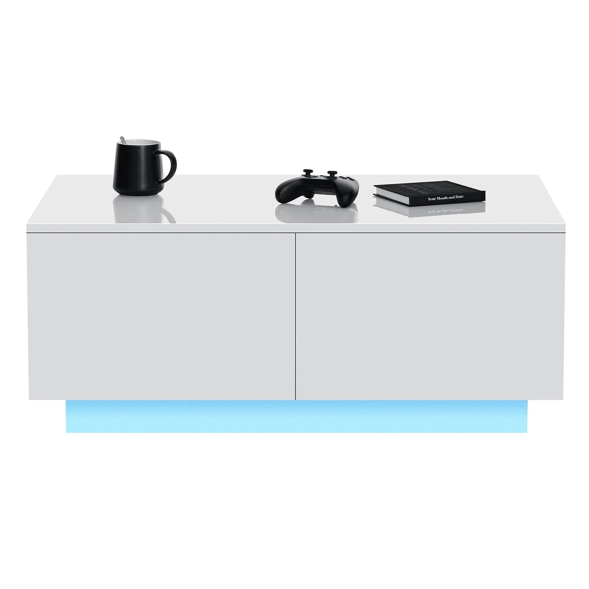 Hommpa Rectangular Coffee Table with LED Lights Tea Tables with 4 Drawers High Gloss Modern Living Room Furniture White Finish Sofa Side Table 37.4 x 23.6 x 15.4 Inches