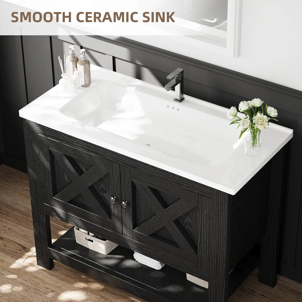DreamCurship Bathroom Vanity with Sink Combo, 35'' Bathroom Storage Cabinet with Storage, Farmhouse Bathroom Vanity Cabinet with 2 Doors and Open Shelf, White
