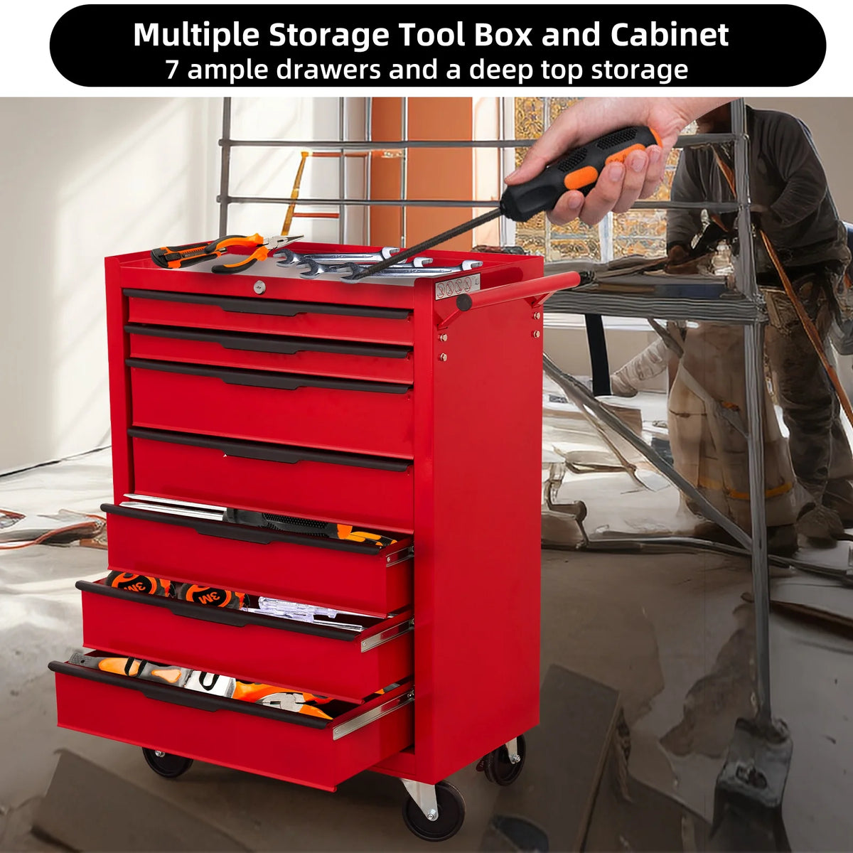 Seizeen Rolling Tool Chest on Wheels, Metal Tool Cart Toolbox Storage Cabinet Organizer W/ 7 Drawers, Red