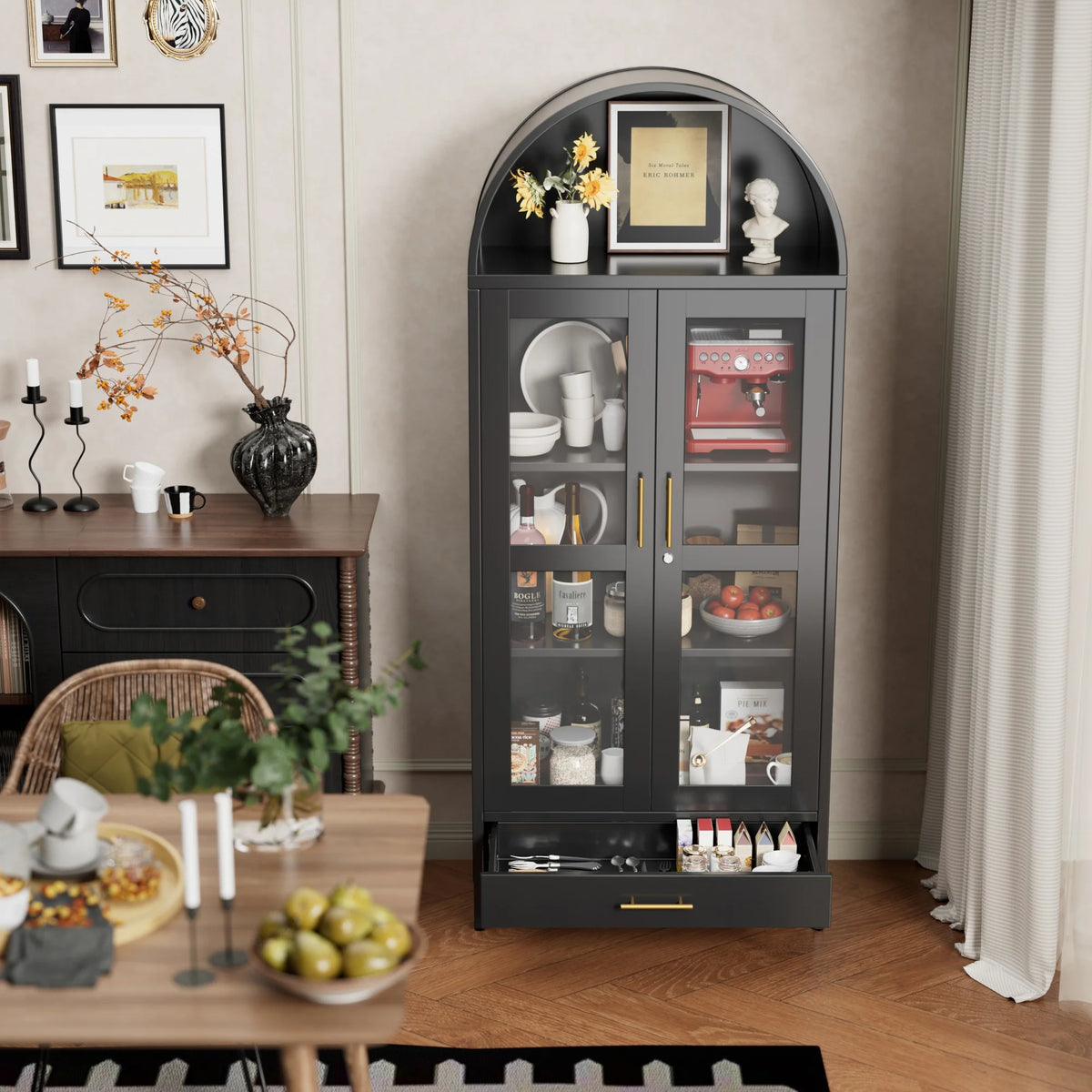 SUPEER Metal Arched Storage Display Cabinet with Glass Doors and Adjustable Shelves, Lockable Cabinet, Assembly Required, Black