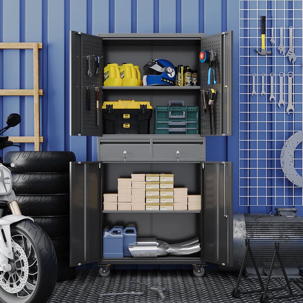 Aobabo Metal Storage Cabinet with Lock,Garage Storage Cabinet with Wheels,72In Steel Storage Cabinet for Garage Home Storage, Black Required-Assembly