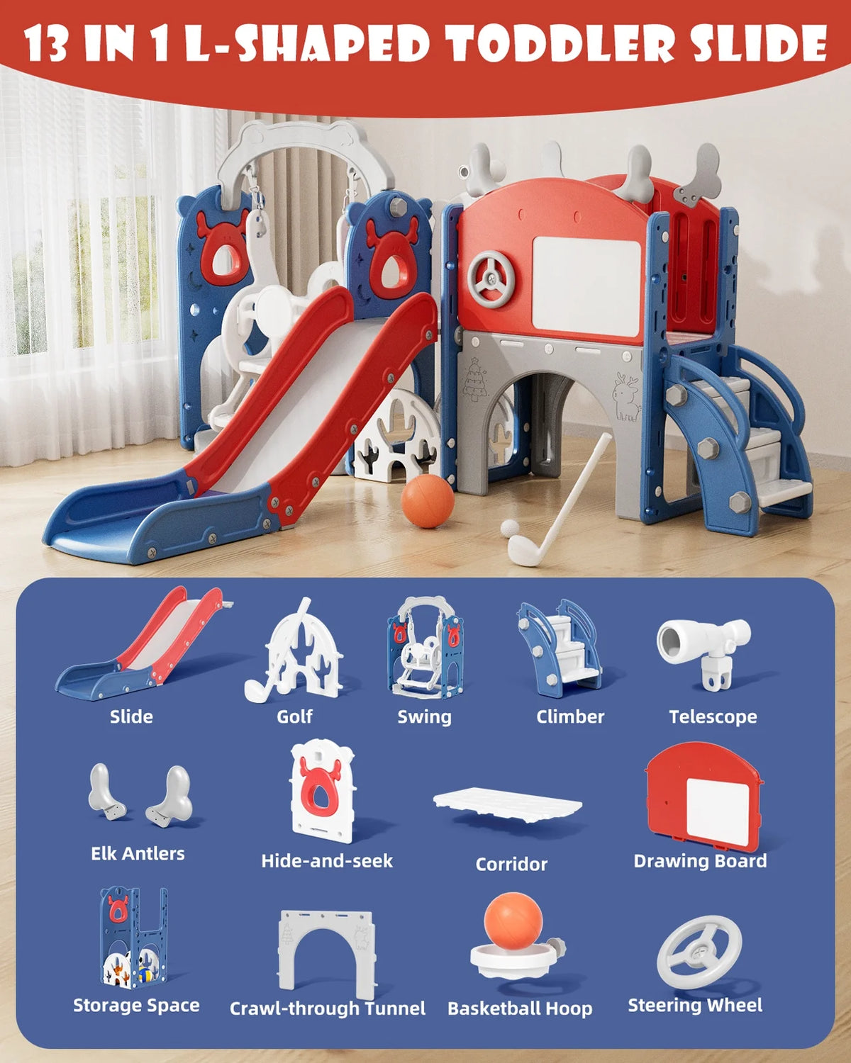 KORIMEFA 13-in-1 Toddler Slide, Kids Swing and Slide for Toddlers Age 1-4, Outdoor Indoor Playground Playset for Toddlers with Basketball Hoop and Ball Playset Telescope, Blue