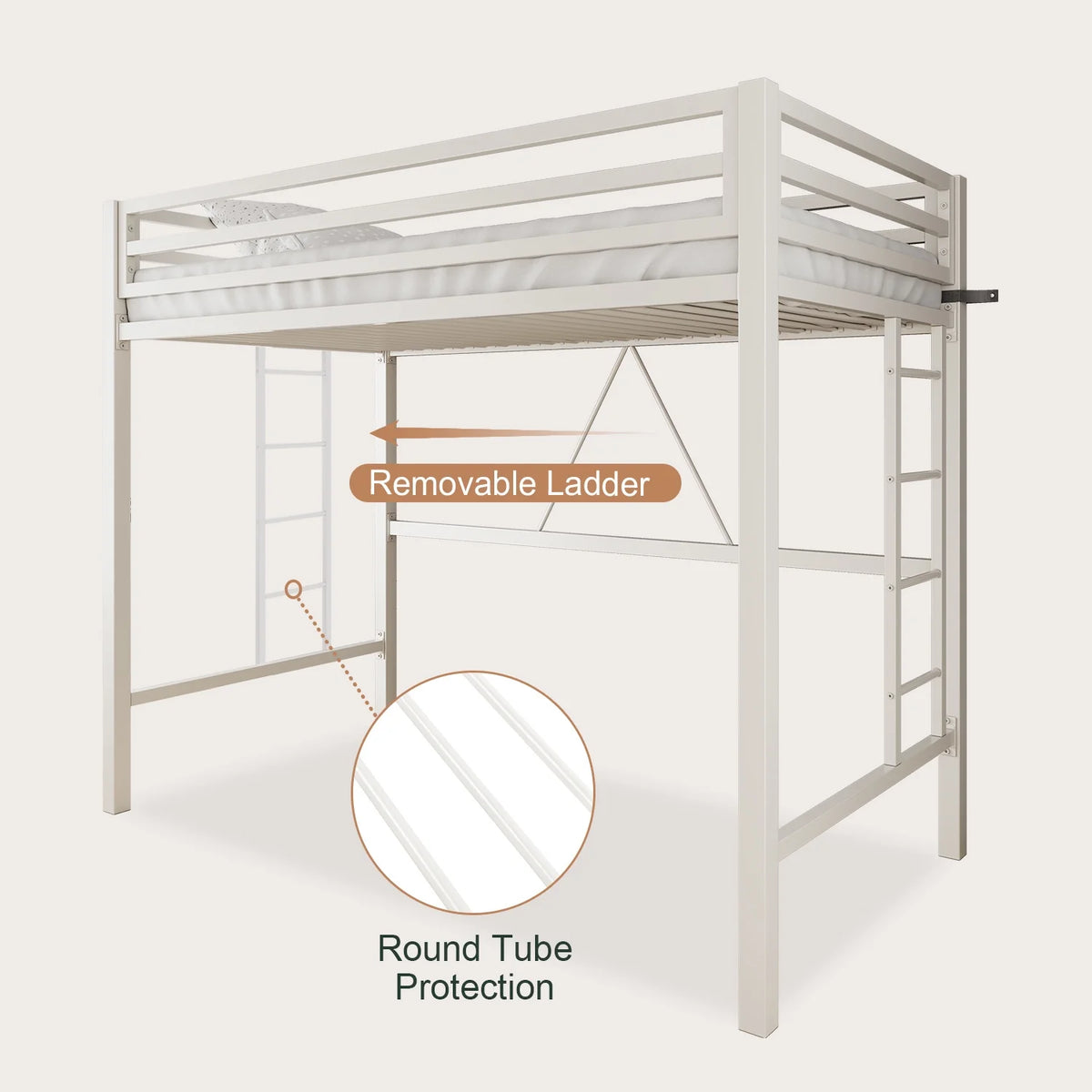 Amolife Twin Size Heavy Duty Metal Loft Bed with Removable Ladder & Full-Length Guardrail, Black