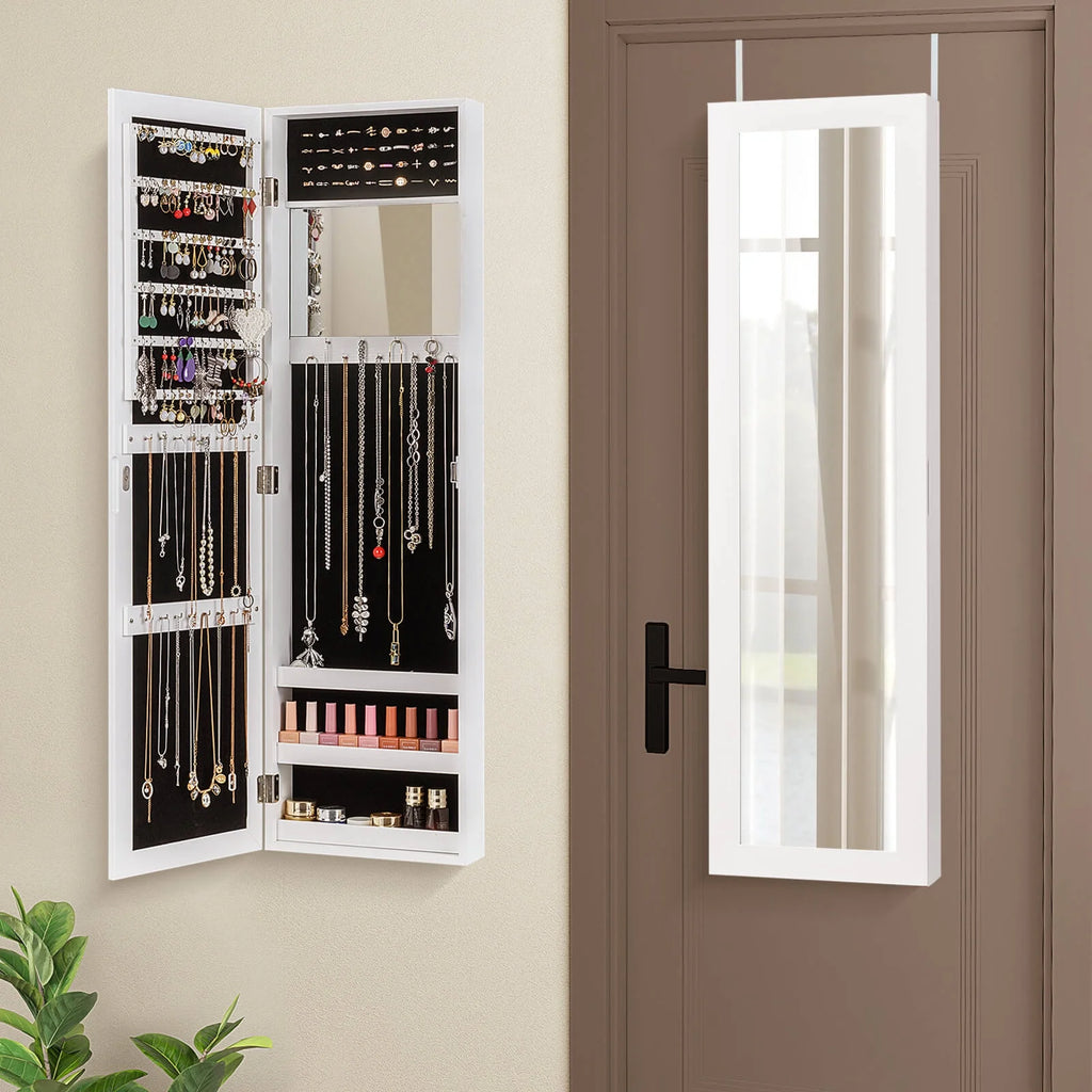 Costway Wall Door Mounted Mirrored Jewelry Cabinet Storage Organizer-Black