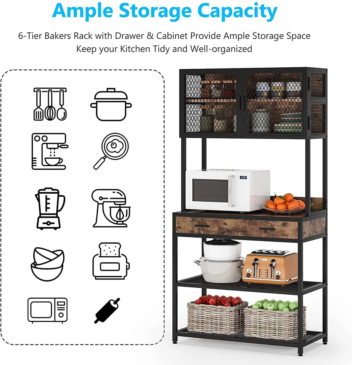 Tribesigns Kitchen Bakers Rack, Microwave Oven Stand with Storage Shelves Cabinet and Drawer, Bakers Racks for Kitchens with Storage Hutch, Kitchen Storage Shelf Organizer Rack for Dinning Room