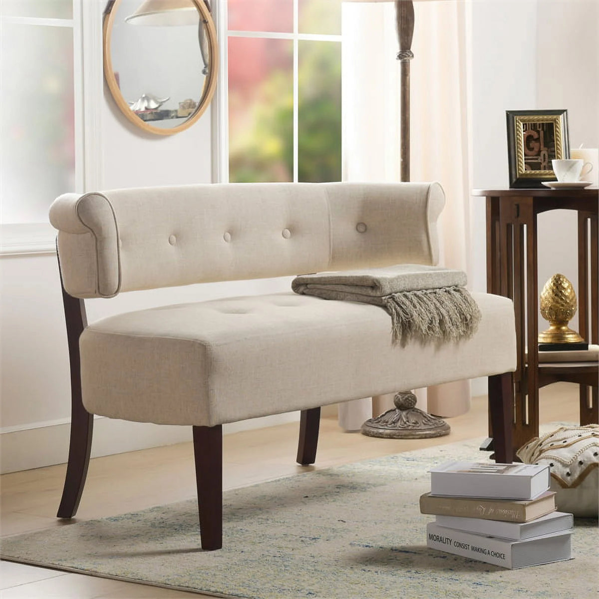 Jennifer Taylor Home Jared Roll Arm Tufted Polyester Fabric Bench, Sky Neutral Beige