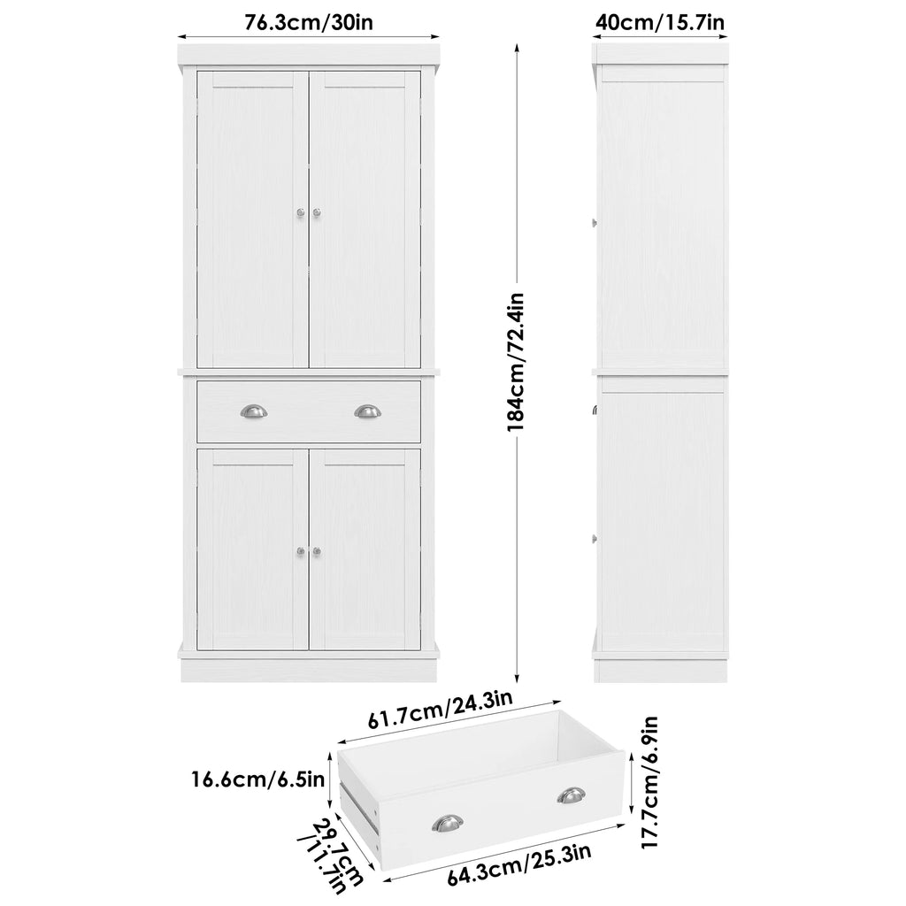 Homfa 72.4'' Tall Kitchen Pantry with 4 Doors, Large Drawer Shelves Wood Pantry Storage Cabinet for Dining Room Living Room, White