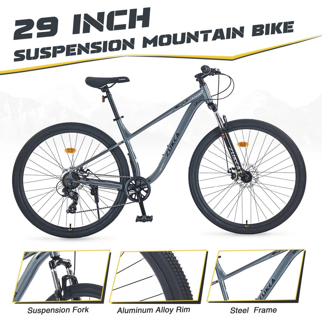 29" Mountain Bike 8 Speed Steel Frame City Bicycle with Front Suspension for Men Women, Gray