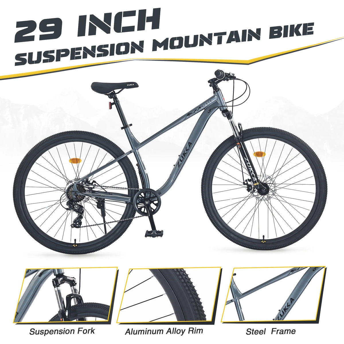 29" Mountain Bike 8 Speed Steel Frame City Bicycle with Front Suspension for Men Women, Gray