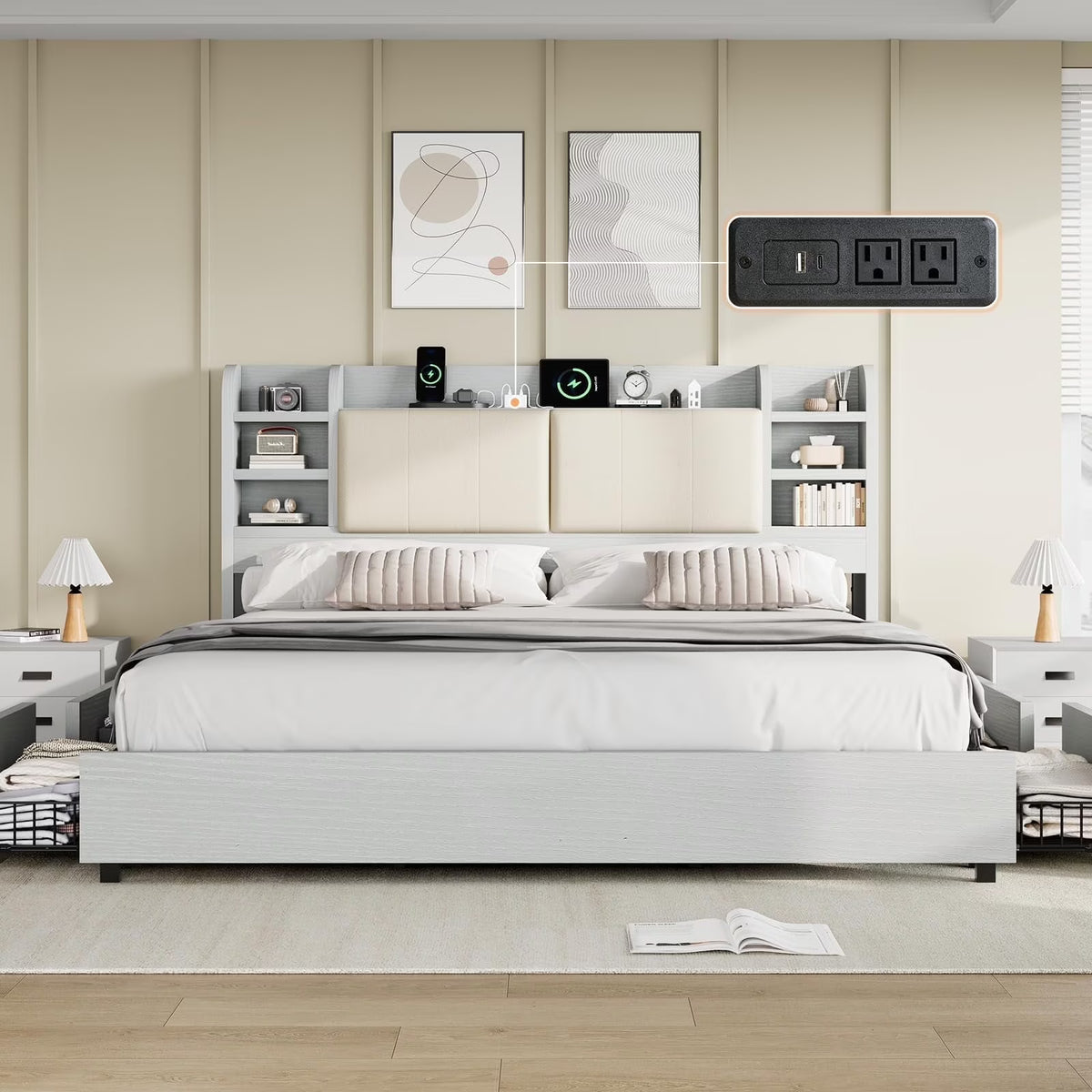 PLAUIN King Size Bed Frame with Storage Drawers, 47.2" Headboard and Wooden Platform, Grey