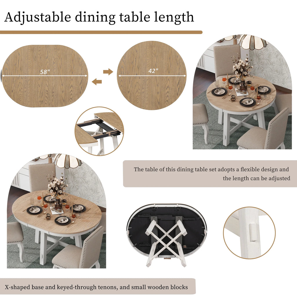 Harper & Bright Designs Round Extendable Dining Table Set for 4, 5 Piece Farmhouse Wood Dining Table Set with 4 Upholstered Dining Chairs, Natural Wood Wash