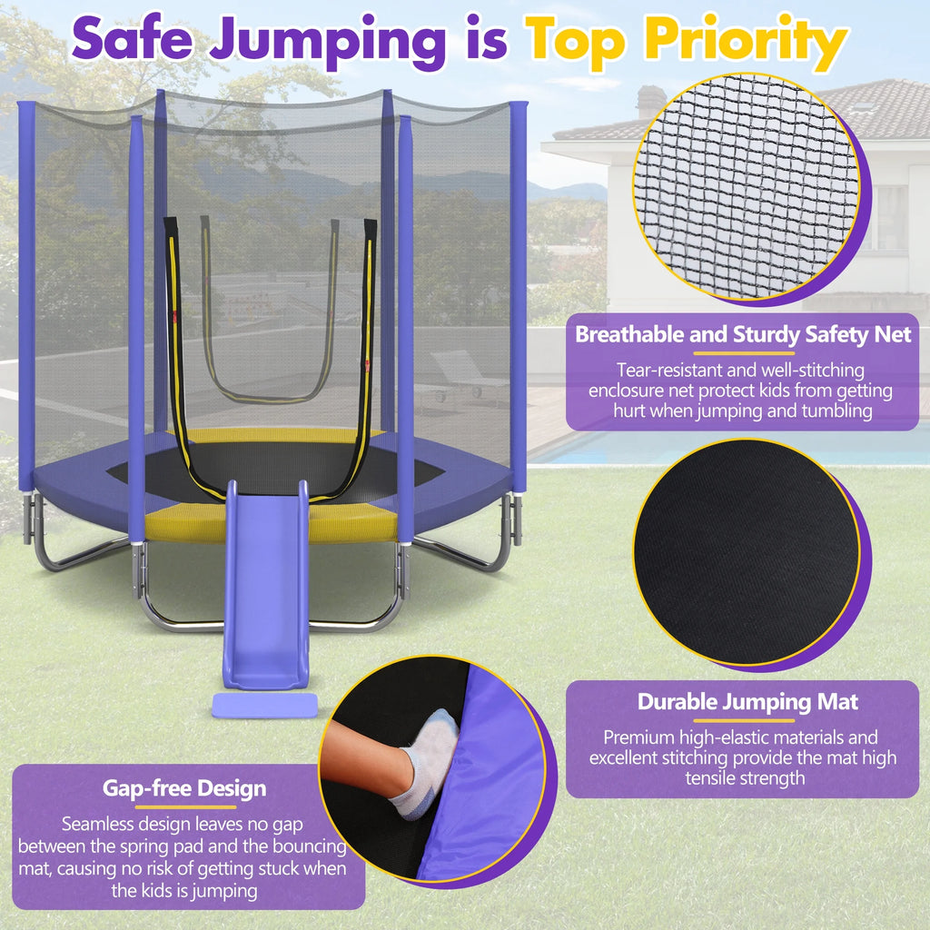EUROCO 7FT Trampoline with Removable Slide, Kids Indoor Outdoor Trampoline with Enclosure Net and Ladder, Pink