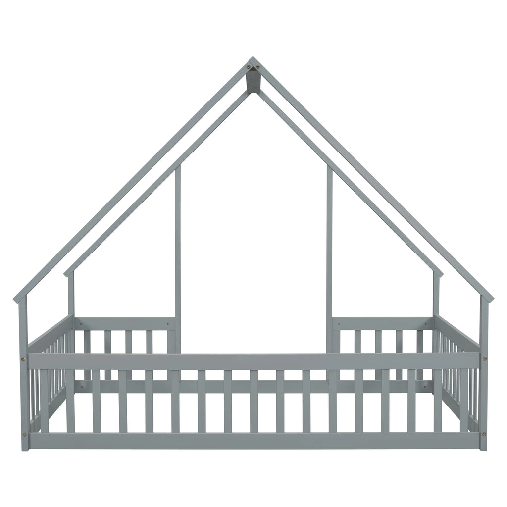 Bellemave Twin Size Floor Bed Frame, Wooden House Bed Twin Size with Fence, Montessori Bed with Guardrails for Bedroom (White)