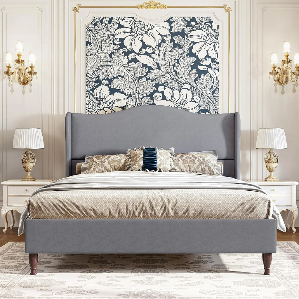 Neche Queen Upholstered Bed Frame with 51" Tall Headboard Classic Curved Wingback Platform Bed with Soft Fabric, Retro Simple Sleigh Bedframe No Box Spring Needed/Easy Assembly, White