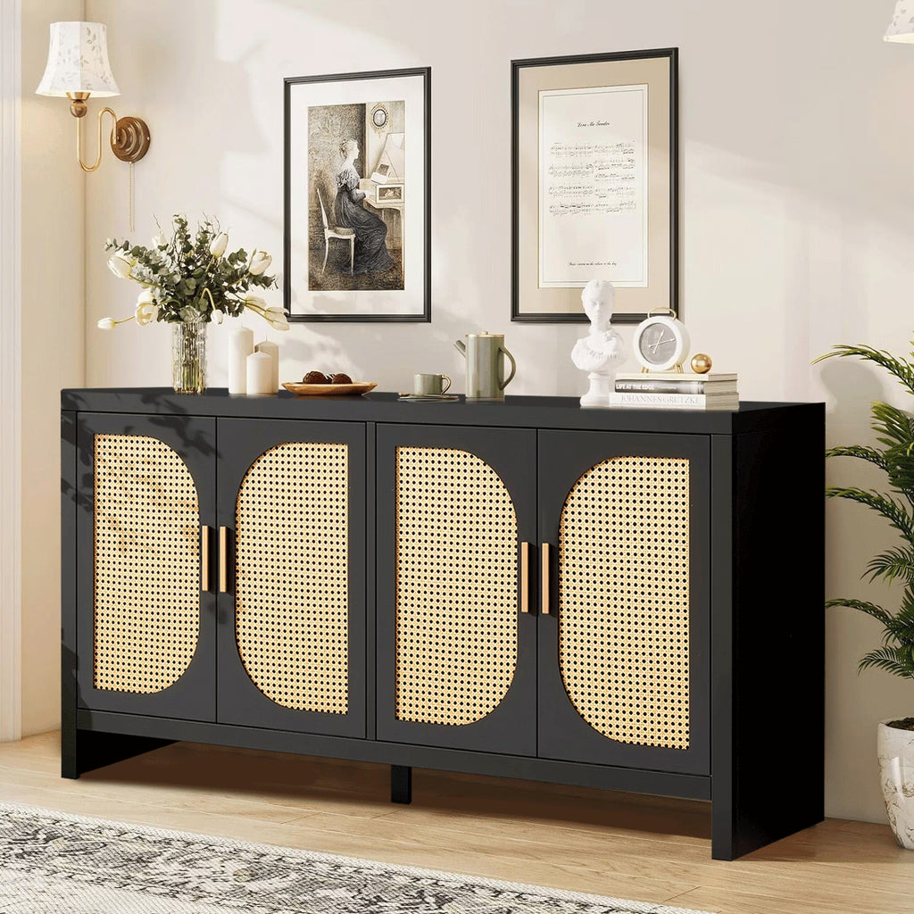 Modern Rattan Sideboard Buffet Cabinet, Kitchen Storage Cabinet, Living Room TV Stand for TVs up to 65", Entertainment Center with Adjustable Shelf, for Dining Living Room Hallway, White