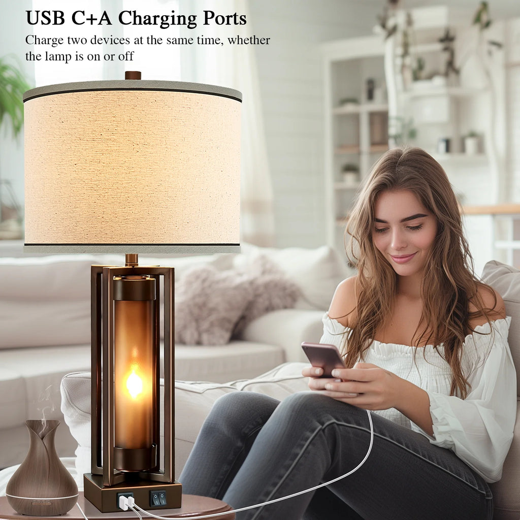 RORIA 24a?? Modern Living Room Table Lamp 2-Piece Set with 2 USB Charging Ports, Built-in White Frosted Glass with Night Light, Black Vintage Rustic Farmhouse Lamp for Bedroom Nightstand Lamps
