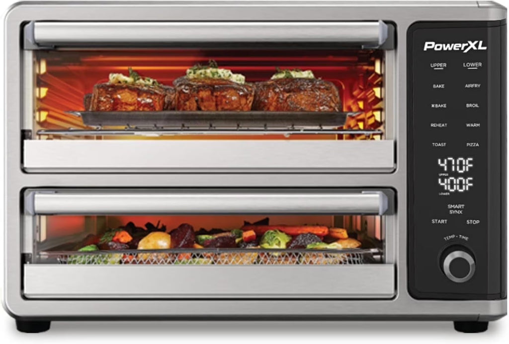 PowerXL SmartSynx Dual Door Oven, 8 Quick-Touch Cooking Presets including Air Fry, Toast, Bake, Broil, Reheat and More Cook 2 Different Foods at the Same Time, Large Capacity & Adjustable Temperature