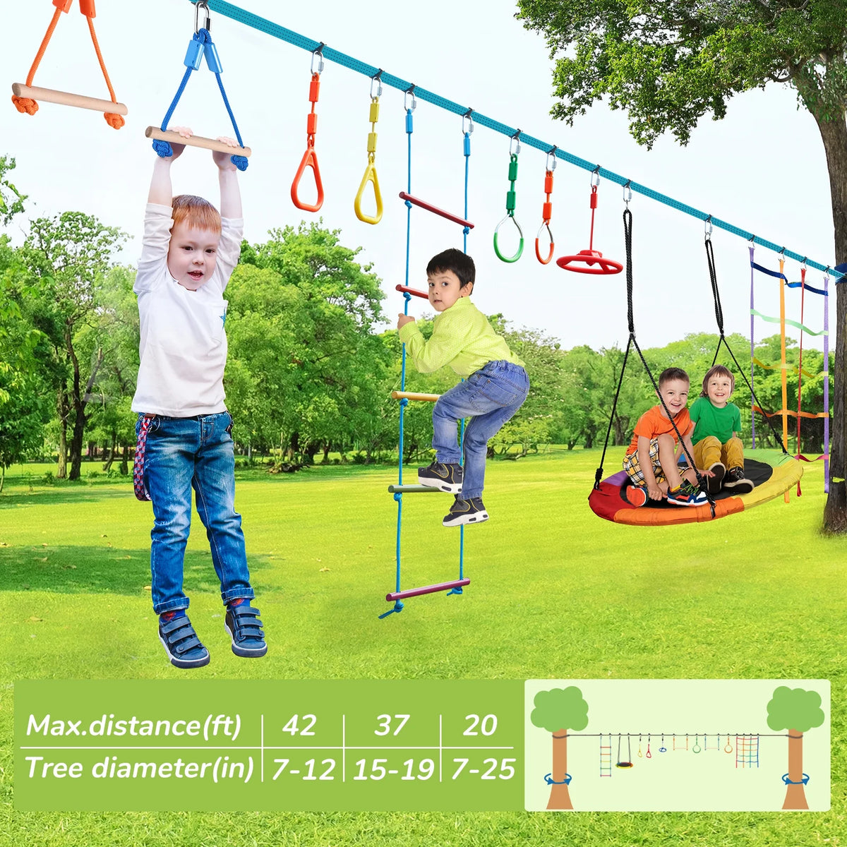 KloKick 50ft Ninja Warrior Obstacle Course with Slackline Monkey Bars and Saucer Swing