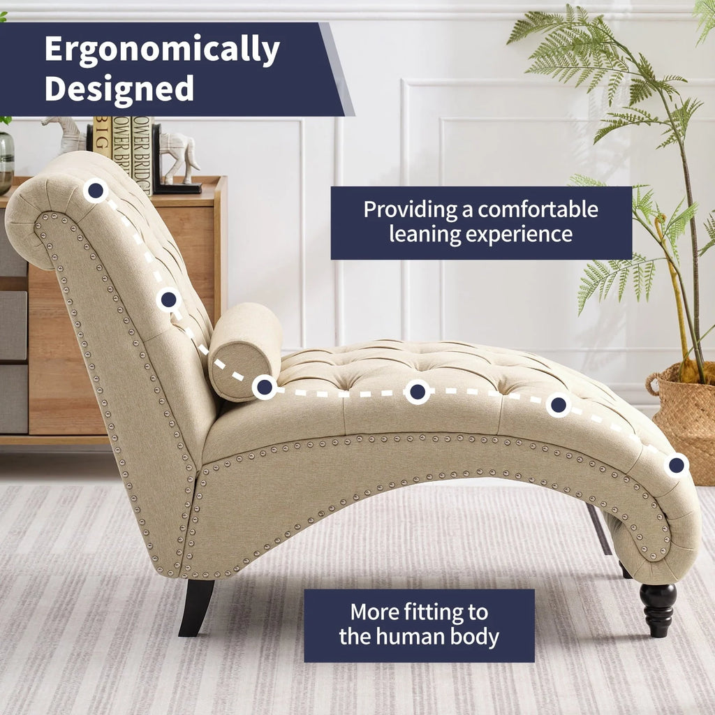 ZAFLY Chaise Lounge Indoor, Lounge Chair with Wood Legs, Leisure Accent Chair, Upholstered Lounge Couch for Bedrooom/Living Room, Beige