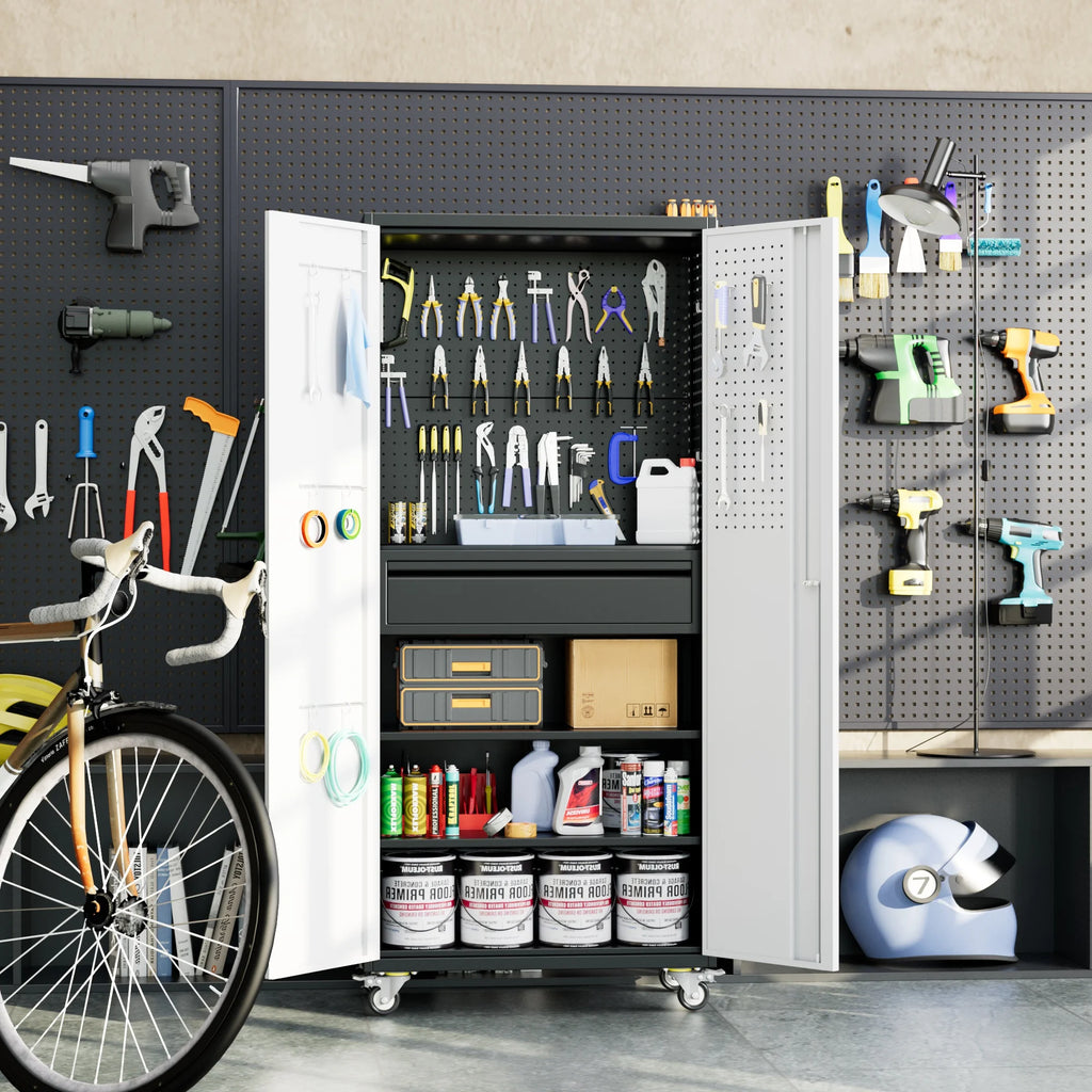 Aobabo Metal Storage Cabinet with Lock,Garage Storage Cabinet with Wheels,72In Steel Storage Cabinet for Garage Home Storage, Black Required-Assembly