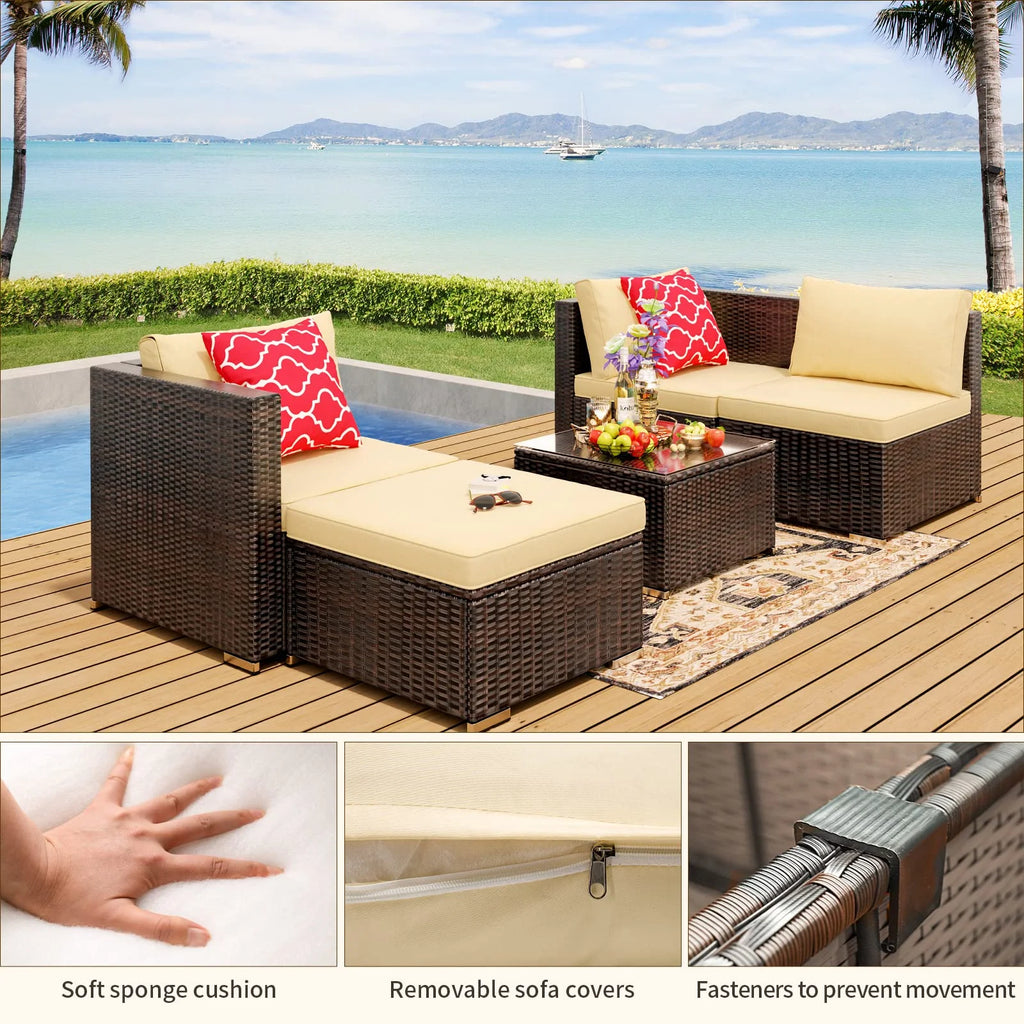 Patio Furniture Set Clearance, Lofka 5 Piece Outdoor Sectional Furniture Chair Set with Cushions and Tea Table, Gray