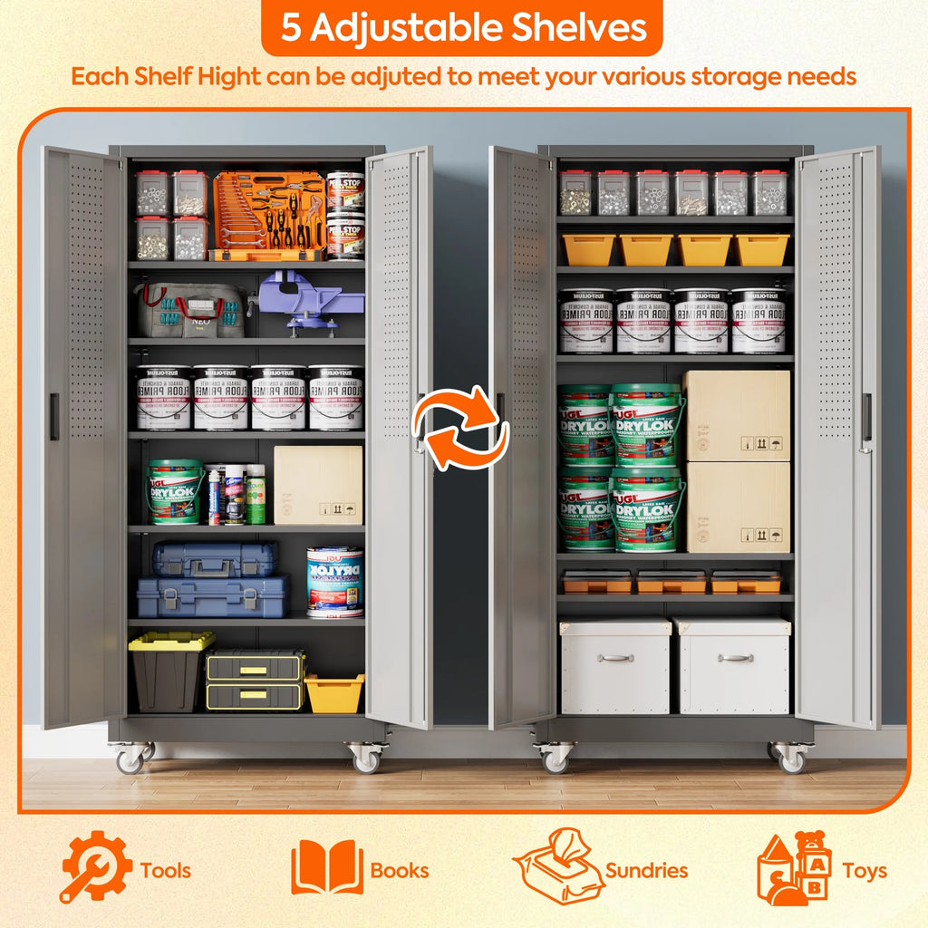 Supeer Locking Storage Cabinet with 5 Adjustable Shelves, Steel, Black, 71" H, Assemble Required