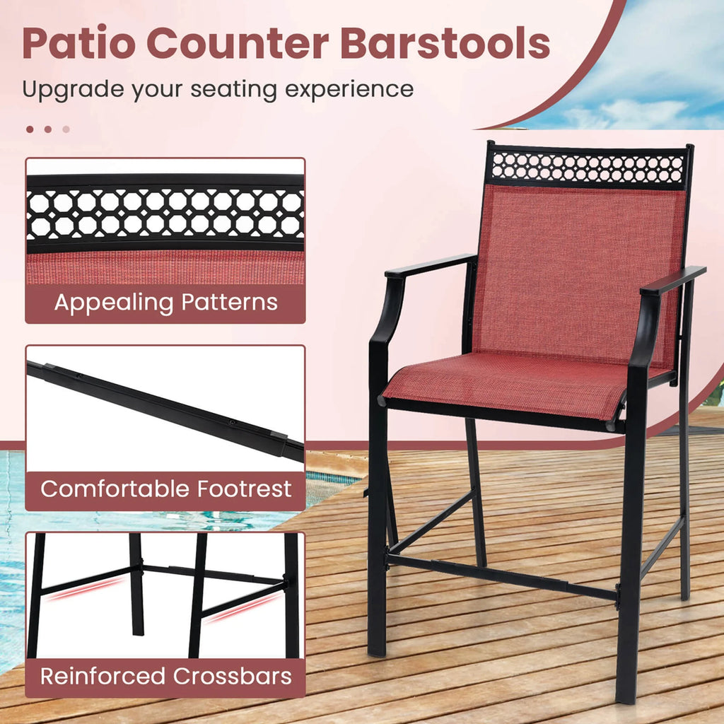 Costway Outdoor Counter Stools Set of 2 with Footrest & Armrests Metal Frame for Backyard Blue