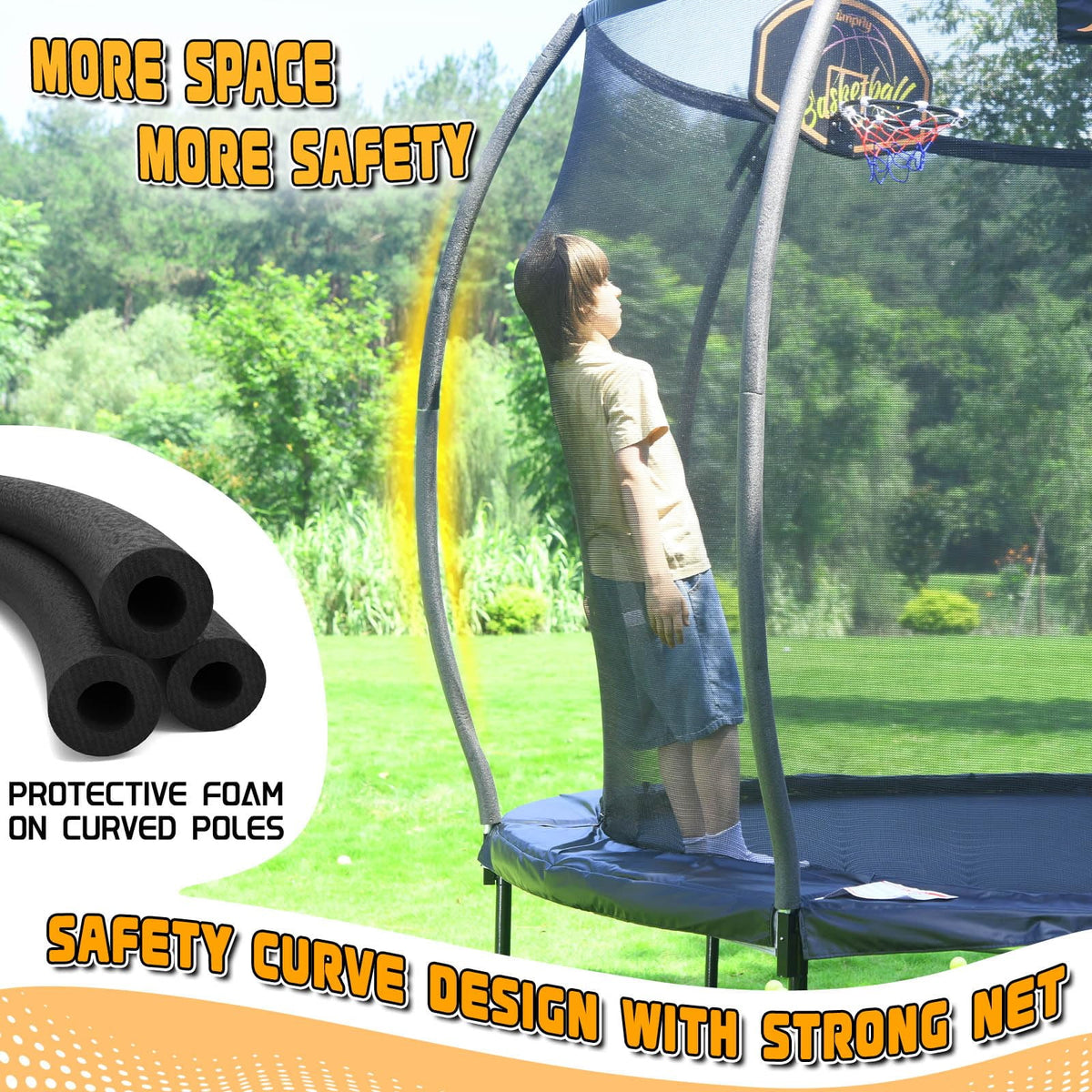 Jumpfly Trampoline 10FT Trampoline with Basketball Hoop-Curved Poles Reinforced Recreational Trampolines with Enclosure And Ladder-Outdoor Trampoline for Kids