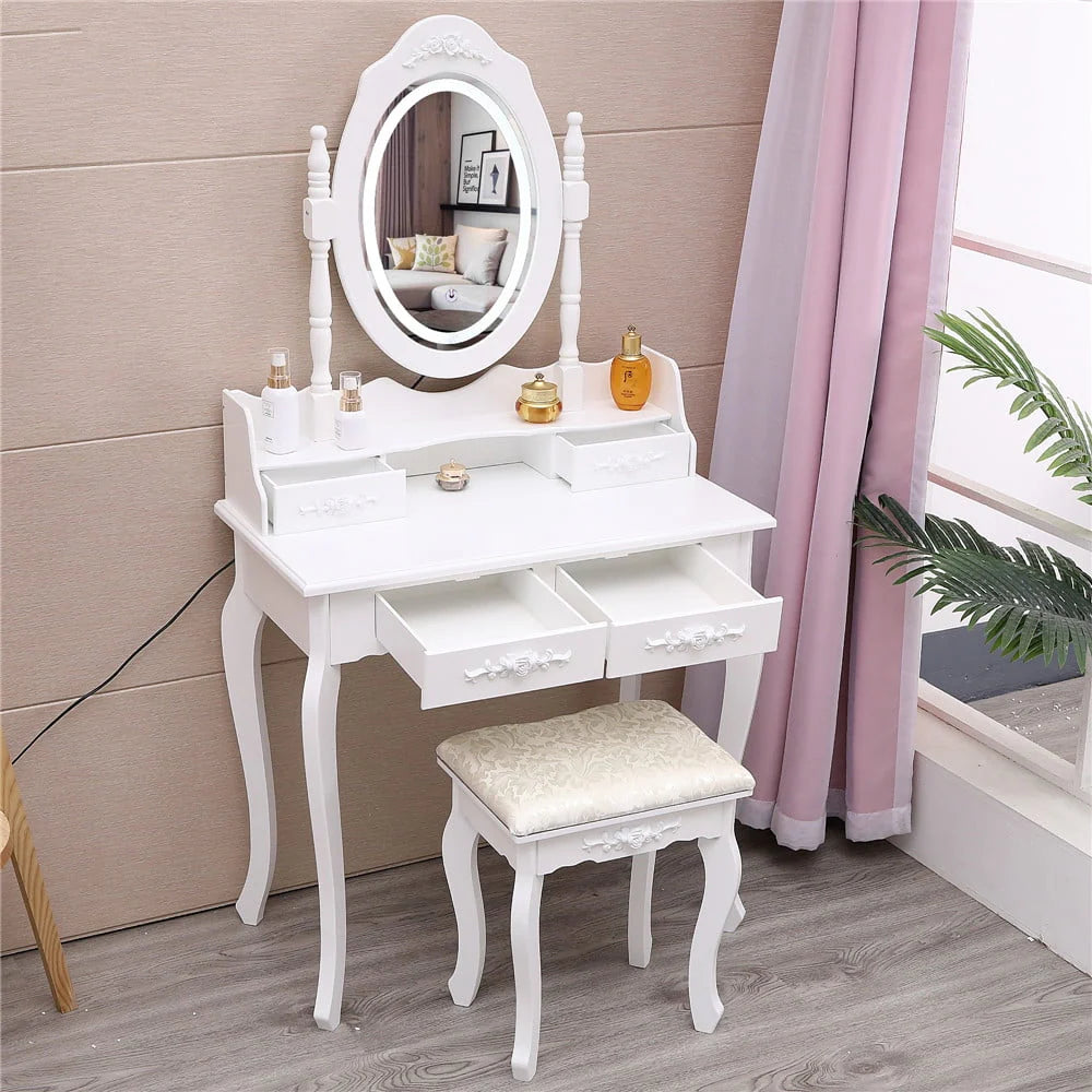 Ktaxon Elegance White Dressing Table Vanity Table and Stool Set Wood Makeup Desk with 4 Drawers & Lighted LED Touch Screen Mirror