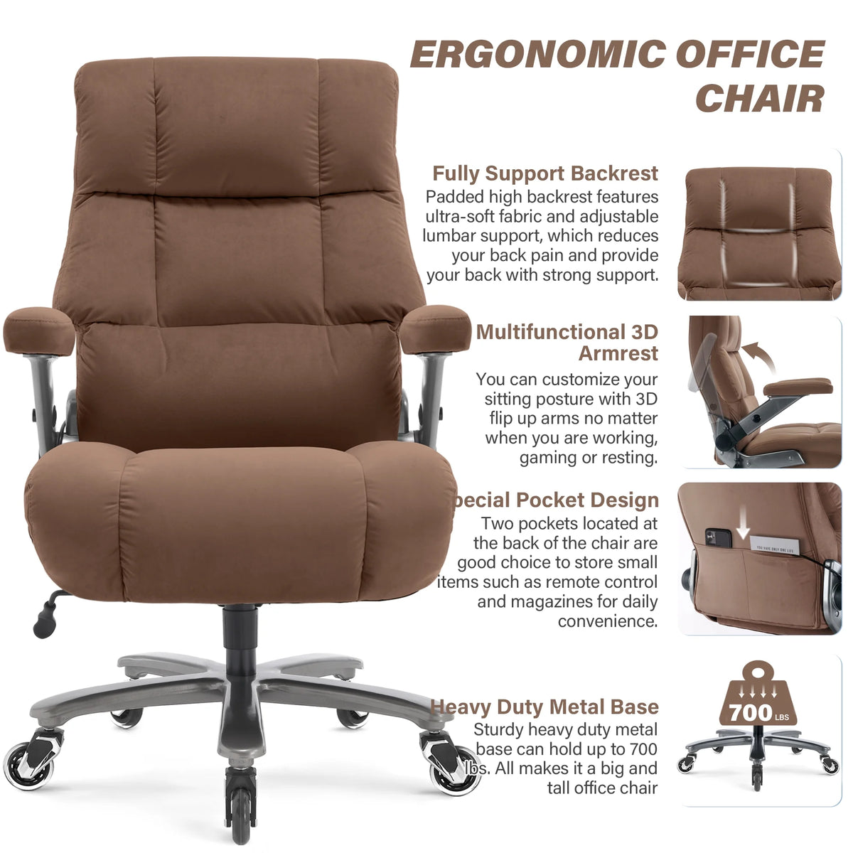 Big and Tall 700lbs Office Chair, Ultra-Soft Fabric Executive Desk Chair, Ergonomic Computer Chair with 3D Flip Up Arms, Adjustable Lumbar Support, Heavy Duty Metal Base and Quiet Rubber Wheel, Black