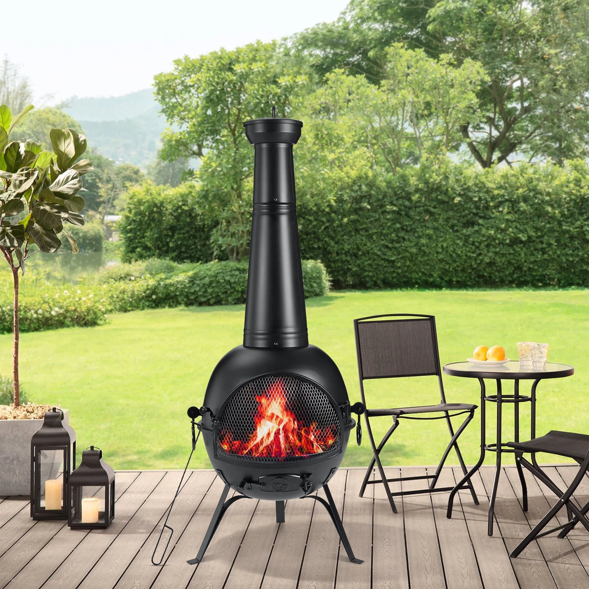 SinglyFire Chiminea Outdoor Fireplace Wood Burning Chimenea Metal Cast Iron Fire Pit with Cover Rain Lids for Backyard Garden Camping Patio Heater