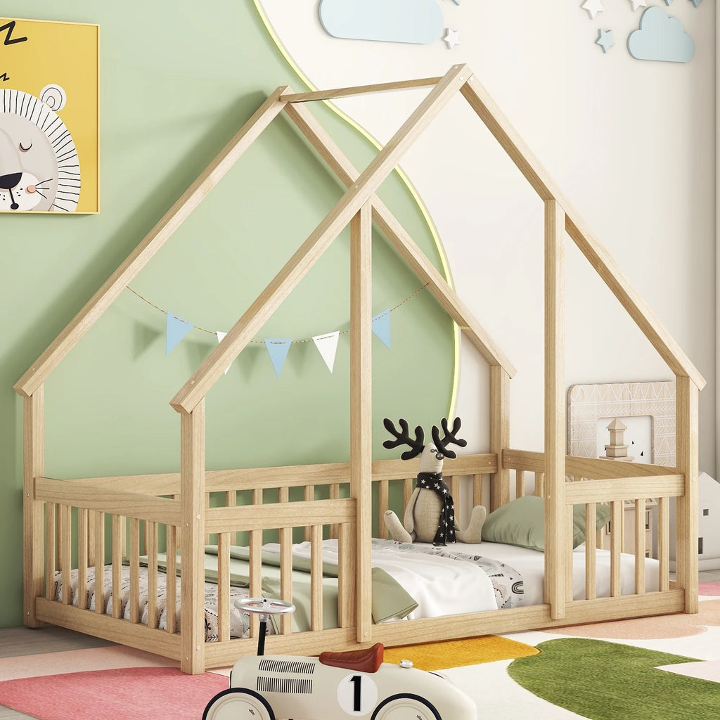 Bellemave Twin Size Floor Bed Frame, Wooden House Bed Twin Size with Fence, Montessori Bed with Guardrails for Bedroom (White)
