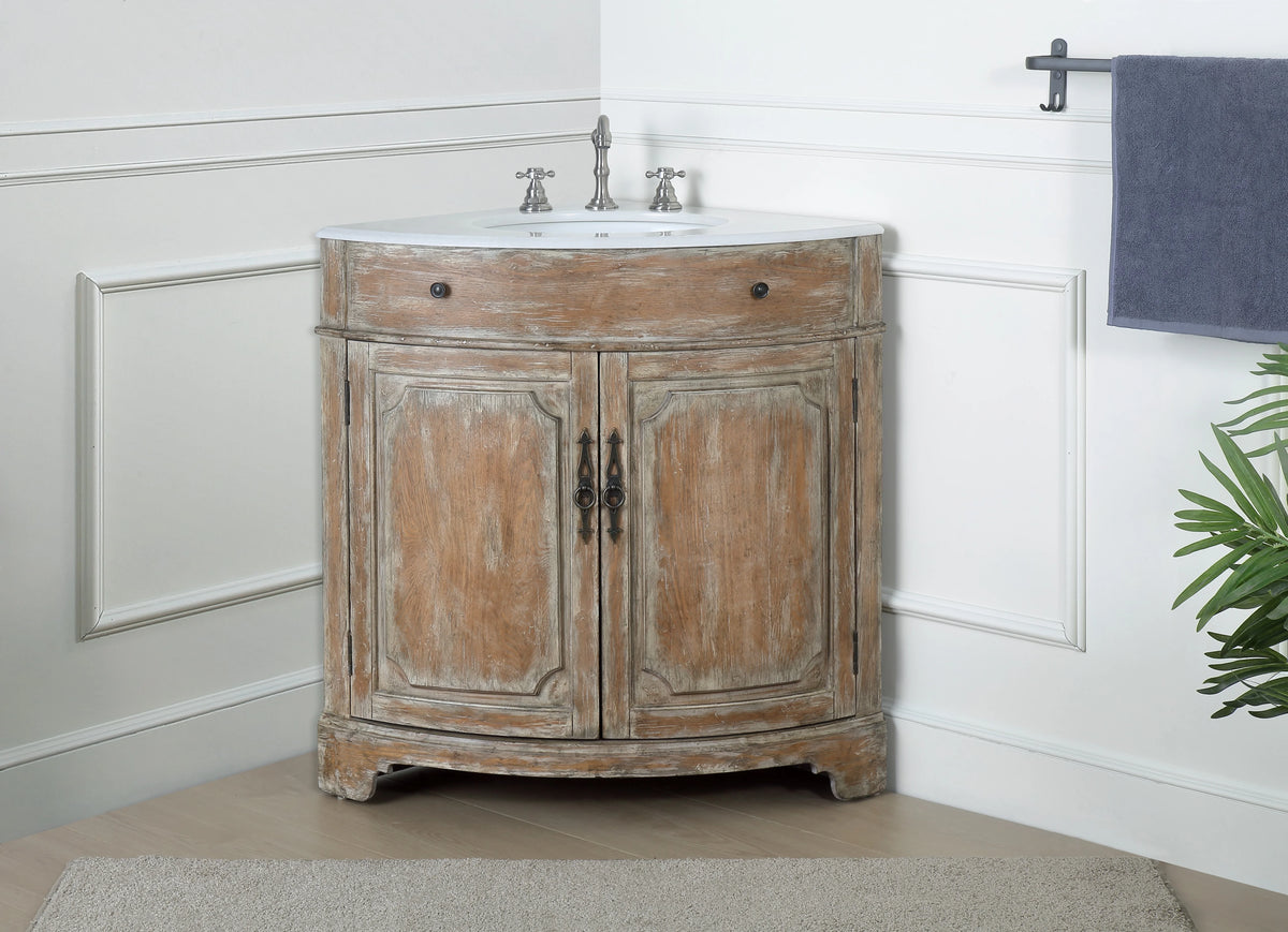 Benton Collection 24" Distressed Gray Corner Bathroom Vanity with White Quartz Top