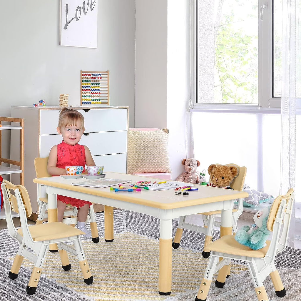 LAZY BUDDY Kids Table and 4 Chairs Set, Height Adjustable Toddler Desk with Graffiti Desktop, Kids Activity Table Set for Daycare, Home