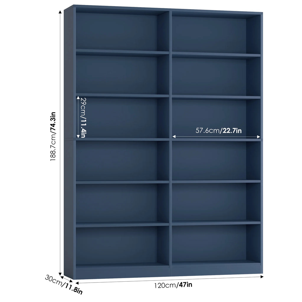 Homfa 74.3�� Double Wide 6-Tier Bookcase, Extra Large Wooden Freestanding Display Bookshelf for Home Office Living Room, White