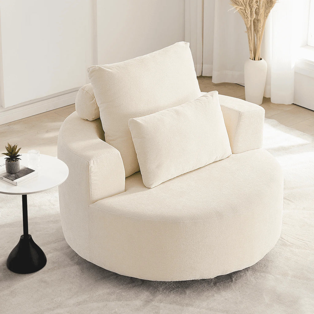 Fumahaus Upholstered Swivel Accent Chair, Oversized Comfy Round Sofa Chair with Two Pillows, Leisure Sofa Chair for Living Room Bedroom, Beige