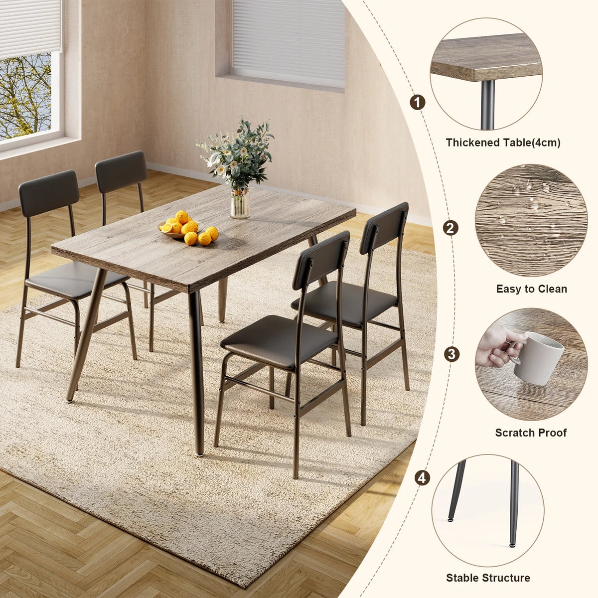 Dining Table Set for 4, Lofka 5 Piecs Kitchen Table and Chairs Set for Dining Room & Kitchen, Black