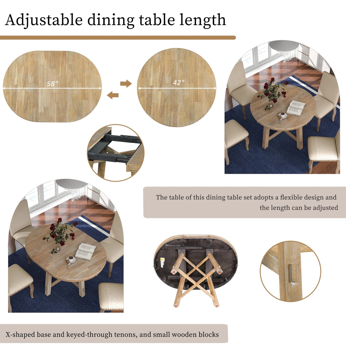 Harper & Bright Designs Round Extendable Dining Table Set for 4, 5 Piece Farmhouse Wood Dining Table Set with 4 Upholstered Dining Chairs, Natural Wood Wash