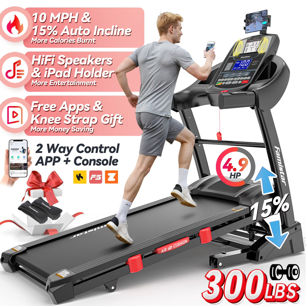Treadmill 300 LB Capacity for Home with Incline, Folding Electric Running Walking Treadmill, Portable Treadmill for Home Use, 7.5 MPH, Smart Apps, 64+7 Programs, Bluetooth Speakers