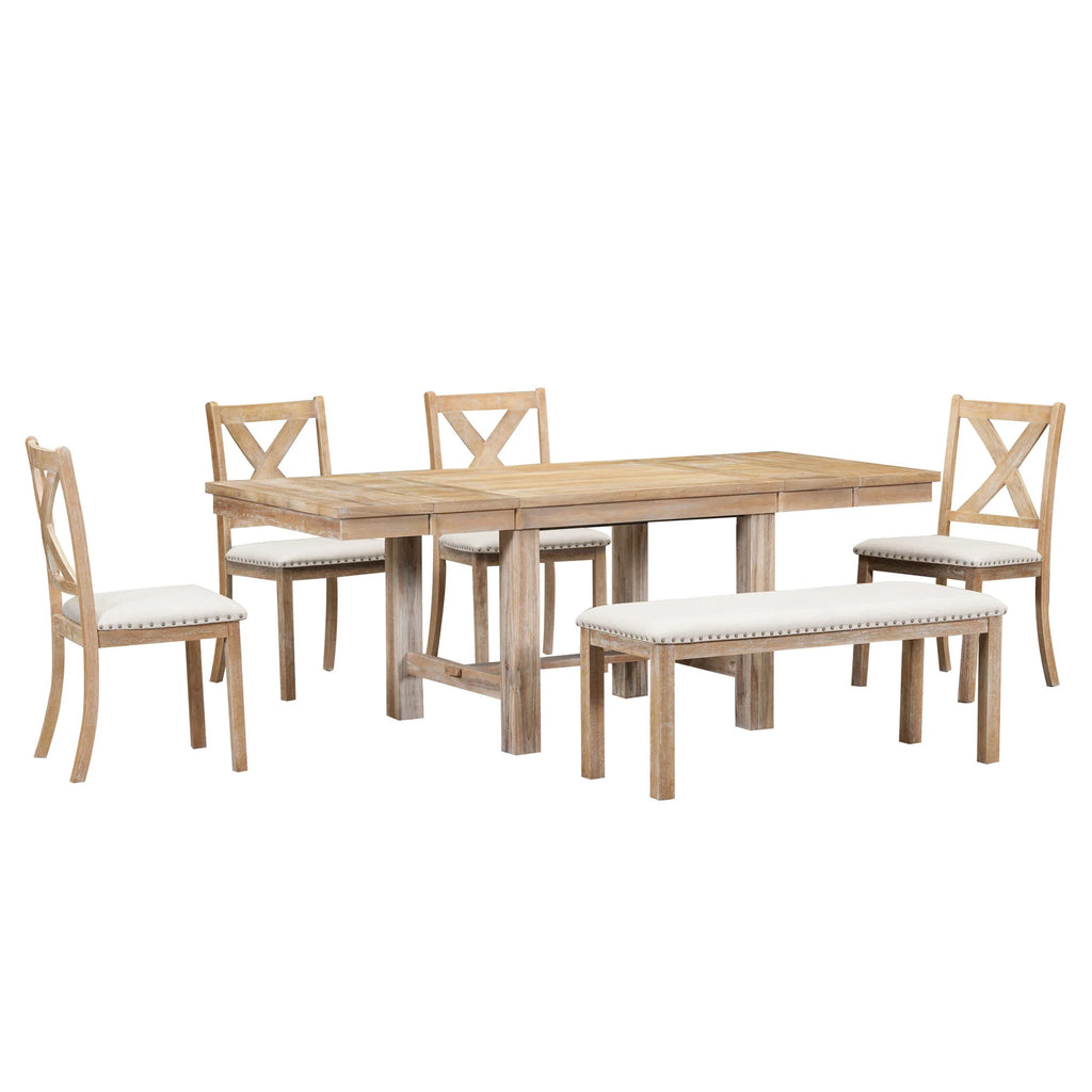 MODERNLUXE 82"Farmhouse 6PCS Dining Table Sets for 6,Solid Wood Dining Table Set with Extendable Table with Footrest and Two 11"Removable Leaf,4 Upholstered Chairs and Longer Upholstered Bench