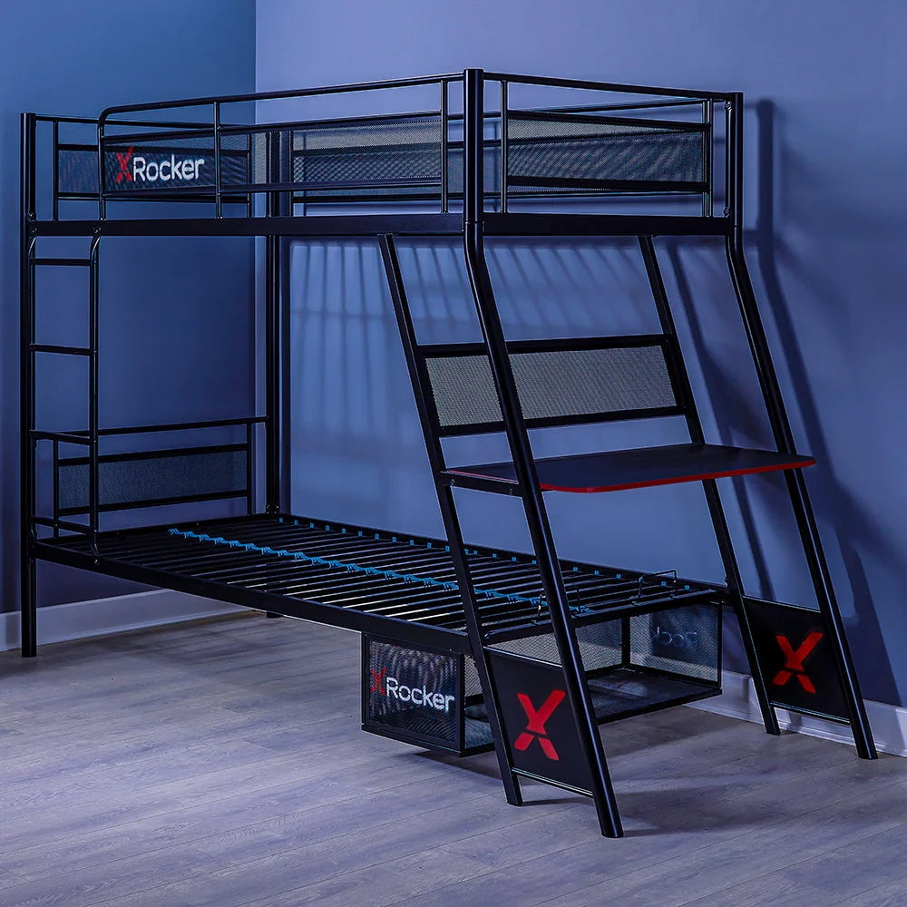 X Rocker Armada Twin Gaming Bunk Bed with Built-in Gaming Desk, Black, Twin/Twin, Children, Teen