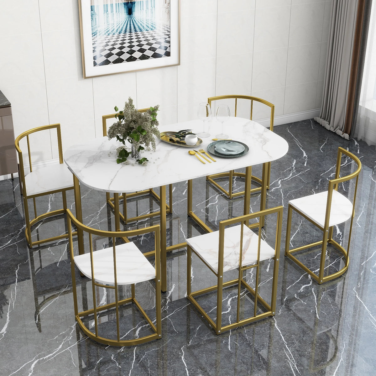 7-Piece Dining Table Set with 6Stools - Industrial Compact Kitchen Table & Chairs Sets, Space-Saving Design for Apartment, Small Space, Breakfast Nook