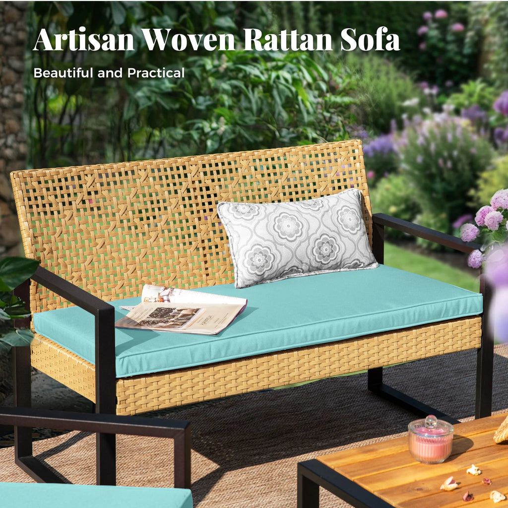 MF Studio 4-Piece All-Weather Rattan Patio Furniture Set, Outdoor Conversation Set with Wood Table, Brown and Beige