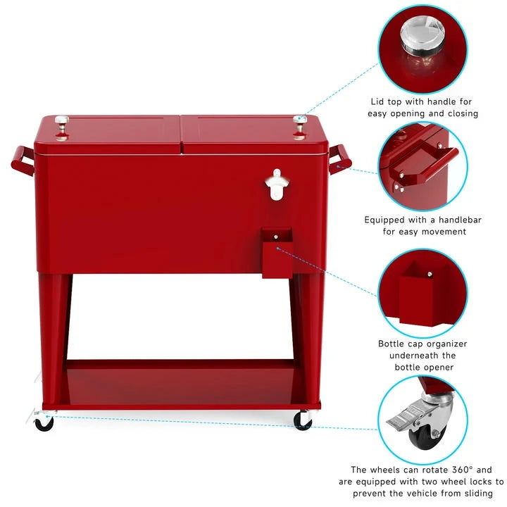 FreeLung 80QT Rolling Cooler Cart with Wheels Ice Chest Outdoor Backyard Coolers on Wheels Silver
