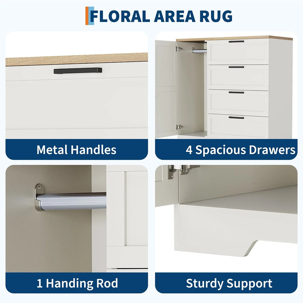 Ataucjin Wood Armoire Wardrobe Closet with 4 Drawers and Door, 43.3" H Bedroom Wardrobe Cabinet with Hanging Rod, Clothing Storage Cabinets, 4 Drawers Dresser with Storage Closet