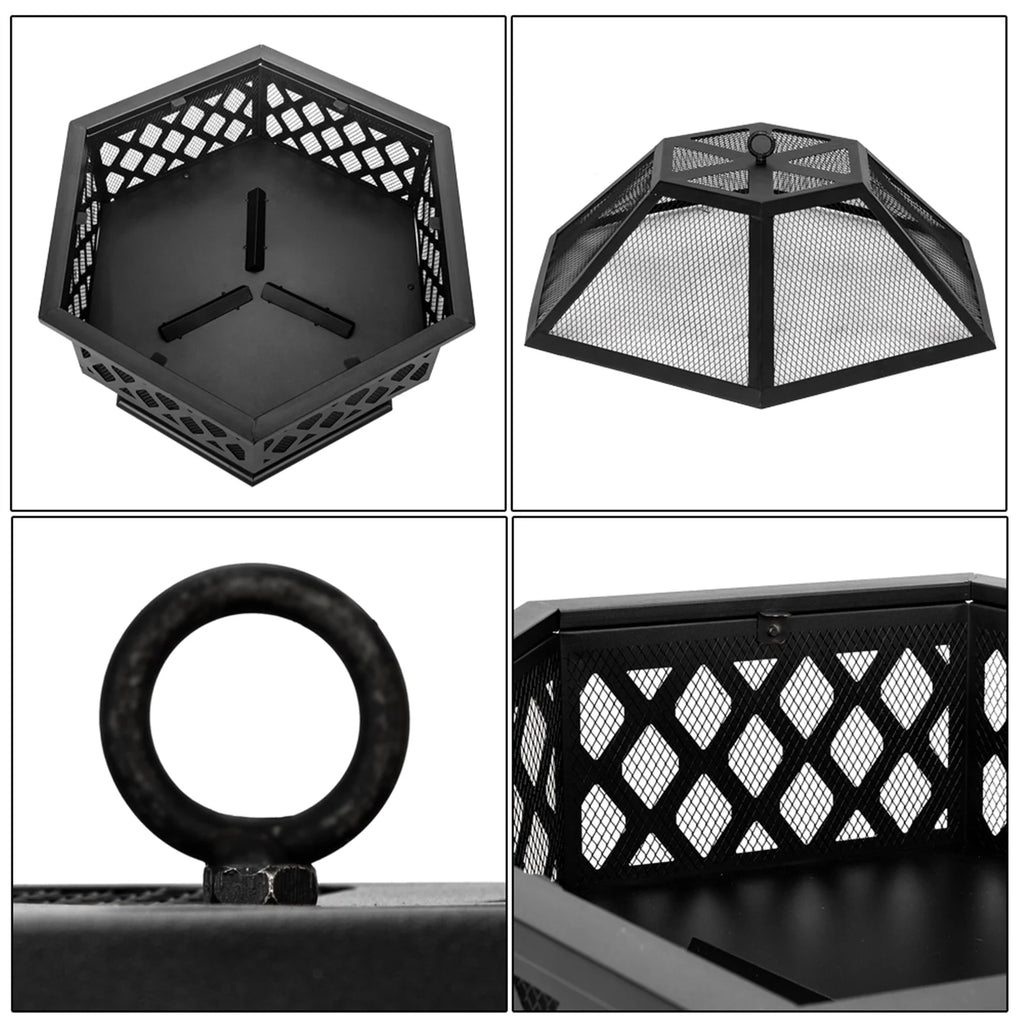 Outdoor Wood Burning Fire Pit, 24" Hexagon Metal Fire Pit for Patio with Poker, Spark Screen, Hex Shaped Fire Pit BBQ Grill, Garden Firepit Stove for Camping Picnic Bonfire Backyard, JA2419