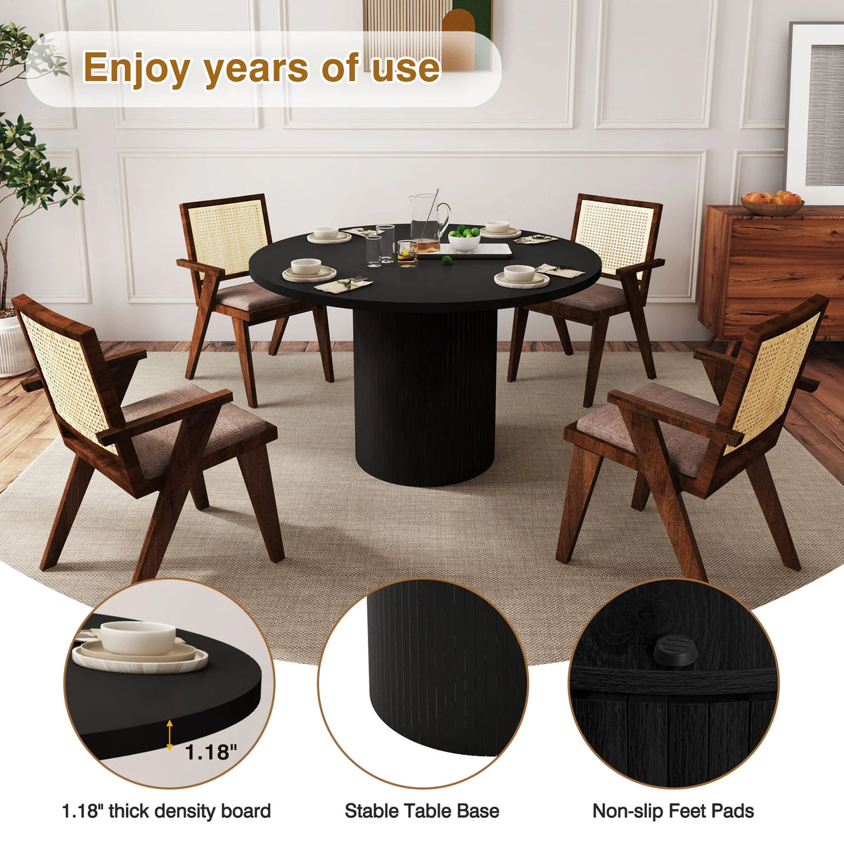 Wirrytor Round Dining Table, Modern Farmhouse Kitchen Table, 47 Inch Coffee Circle Dining Tables with Wood Strip Base for Kitchen Living Room, Black