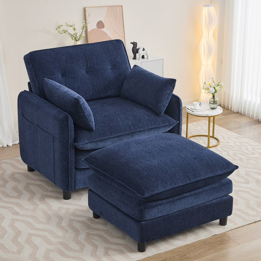 Aemeios Upholstered Chenille OversizedAccent Armchairs with Ottoman and Side Pocket, Cream