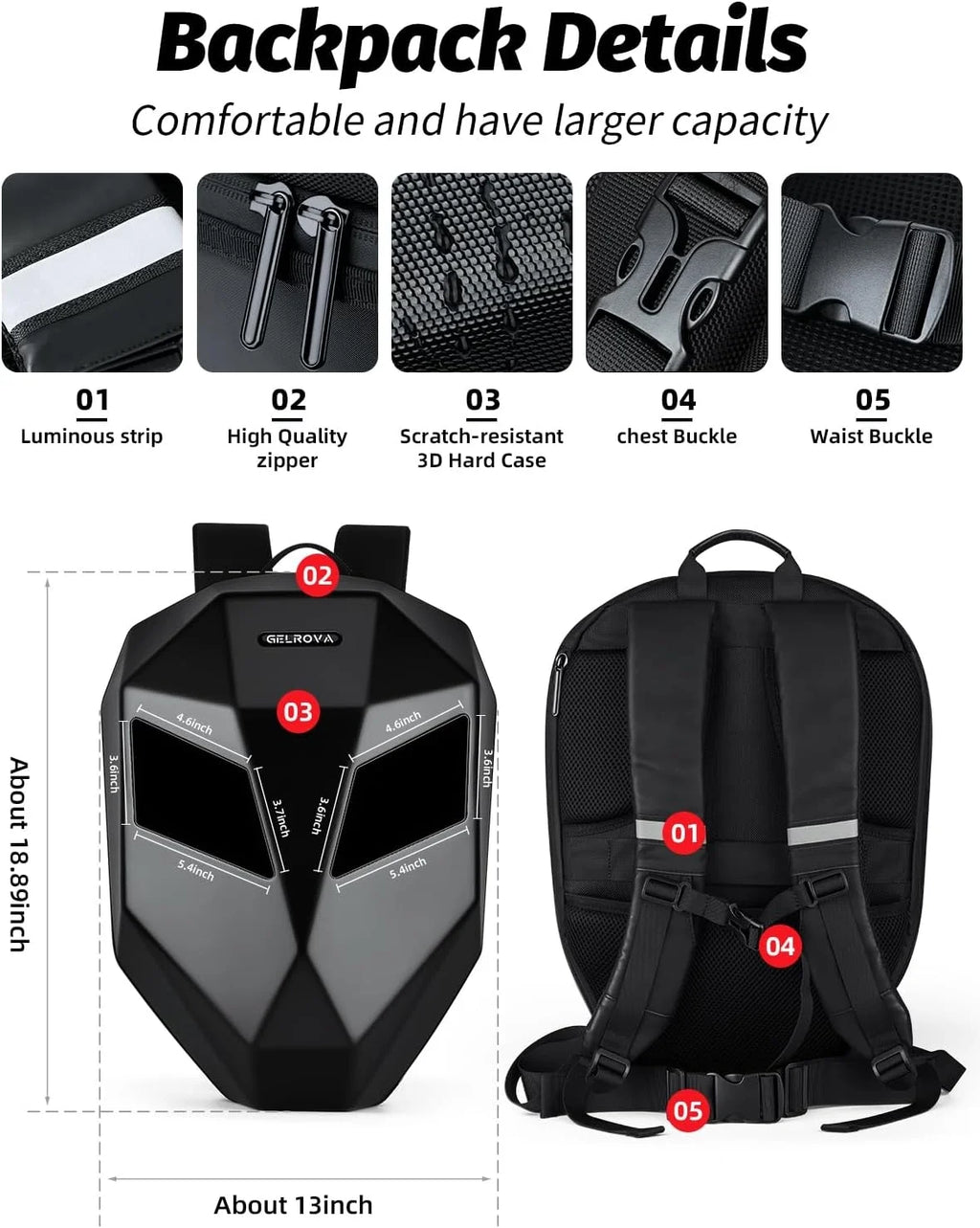 Gelrova Knight LED Bike Backpack, Black Hard Shell Motorcycle Helmet, Small Size 17in